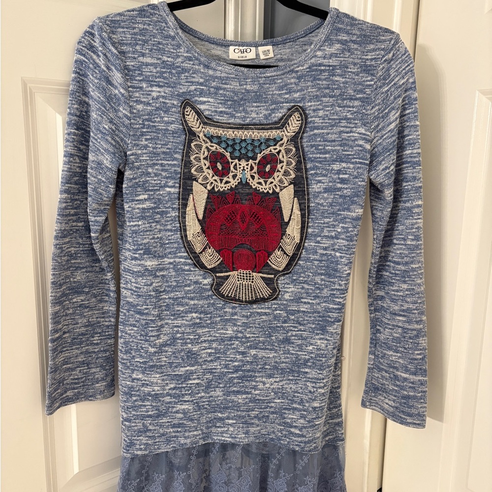 Cato Blue Marled Long Sleeve Top with Embroidered Owl